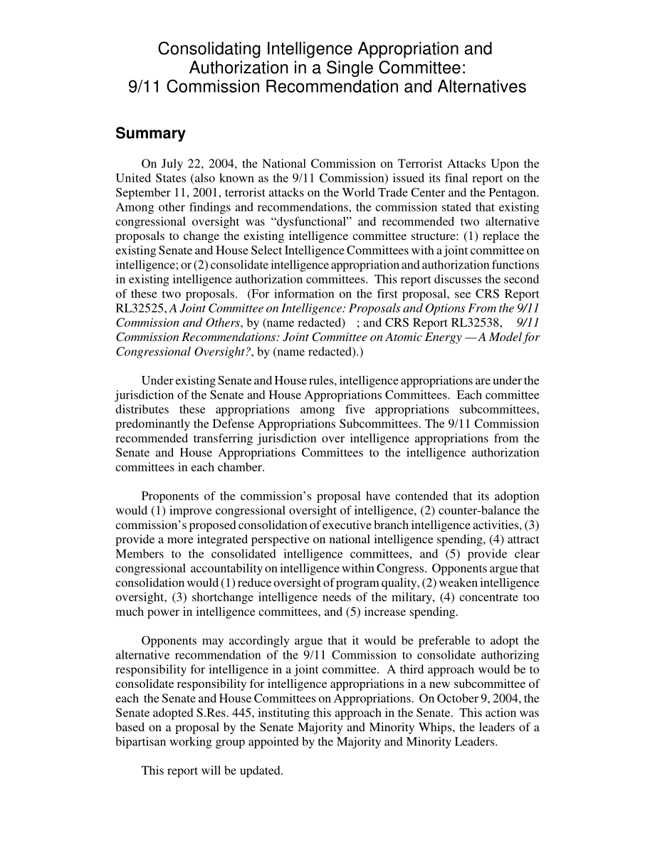 [20041029]RL32659_将情报拨款和授权整合到一个委员会中：911委员会建议和备选方案.pdf_第2页