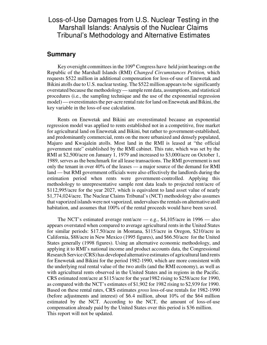 [20050812]RL33029_美国马绍尔群岛核试验造成的使用损失：核索赔法庭方法和备选估计数的技术分析.pdf_第2页