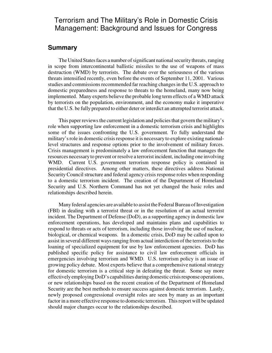 [20030127]RL30938_恐怖主义和军队在国内危机管理中的作用：国会背景和议题.pdf_第2页