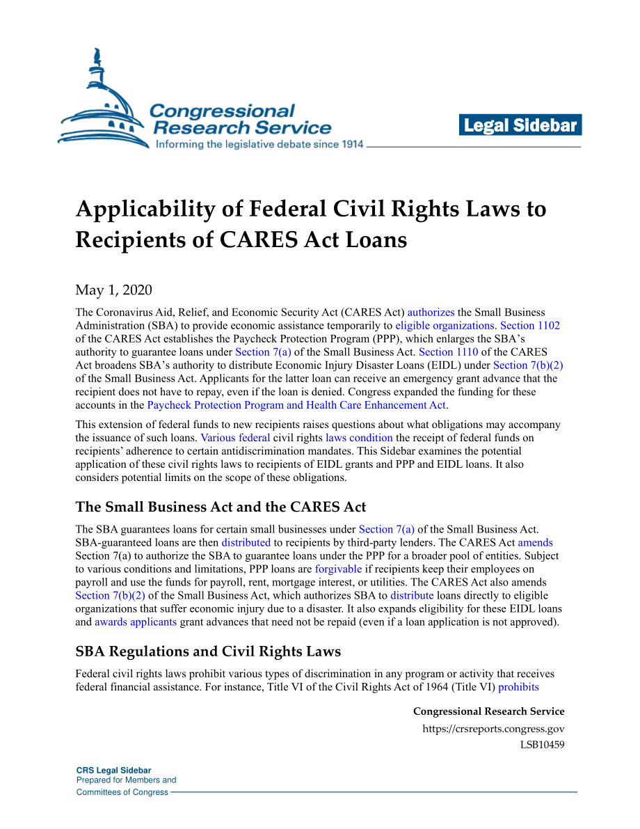 [20200501]LSB10459_联邦民权法对《关怀法案》贷款接受者的适用性 .pdf_第1页
