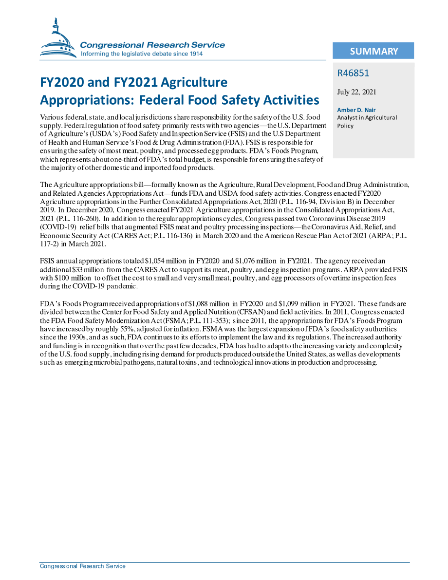[20210722]R46851_2020财年和2021财年农业拨款：联邦食品安全活动.pdf_第2页