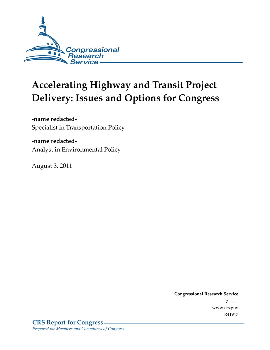 [20110803]R41947_加快公路和交通项目交付：国会的议题和选择.pdf_第1页