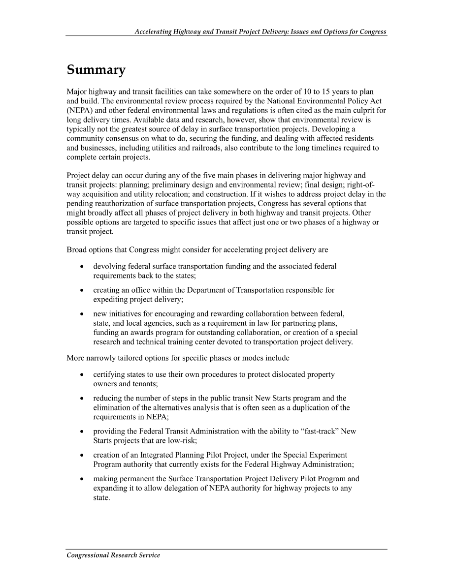 [20110803]R41947_加快公路和交通项目交付：国会的议题和选择.pdf_第2页
