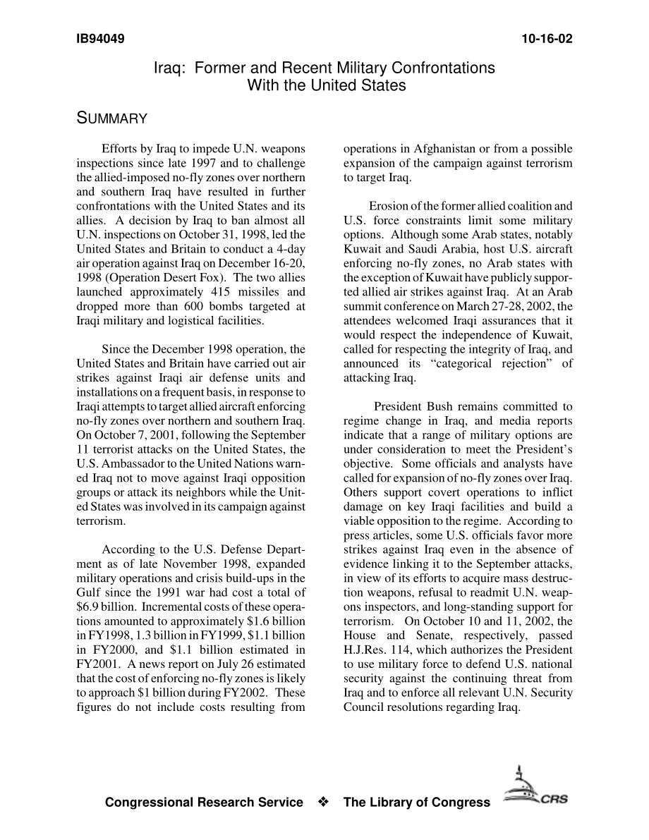 [20021016]IB94049_伊拉克：过去和最近与美国的军事对抗.pdf_第3页