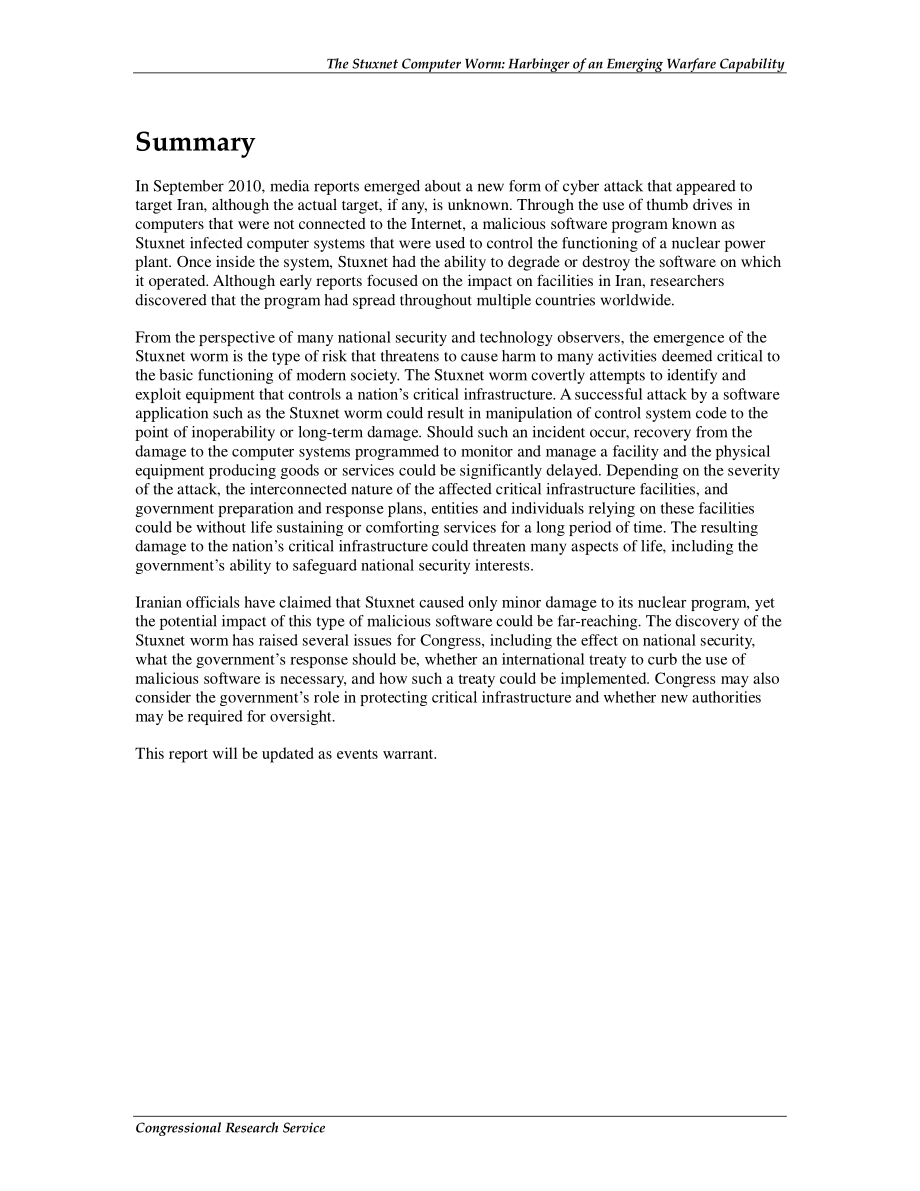 [20101209]R41524_Stuxnet计算机蠕虫：新兴作战能力的先兆.pdf_第2页