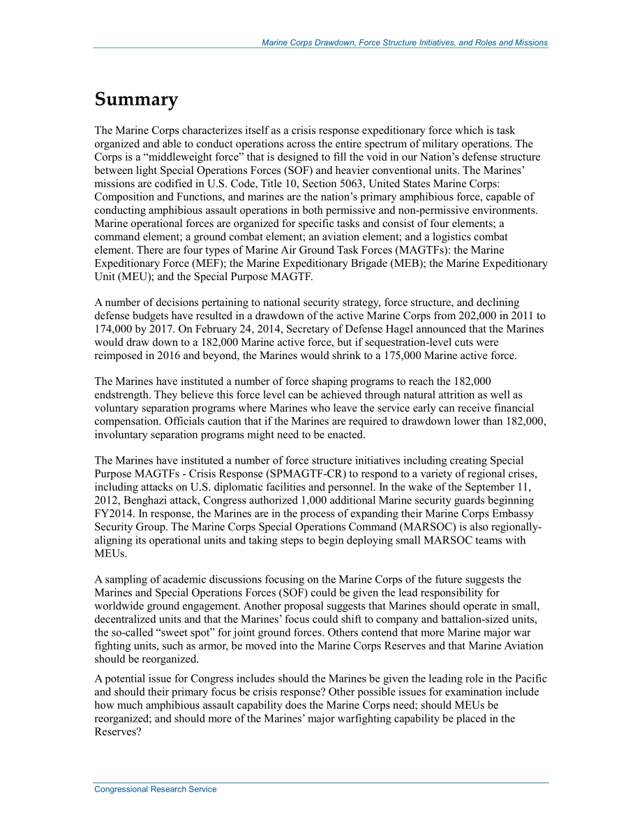 [20140228]R43355_海军陆战队缩编、部队结构计划、角色和任务：国会背景和议题.pdf_第2页