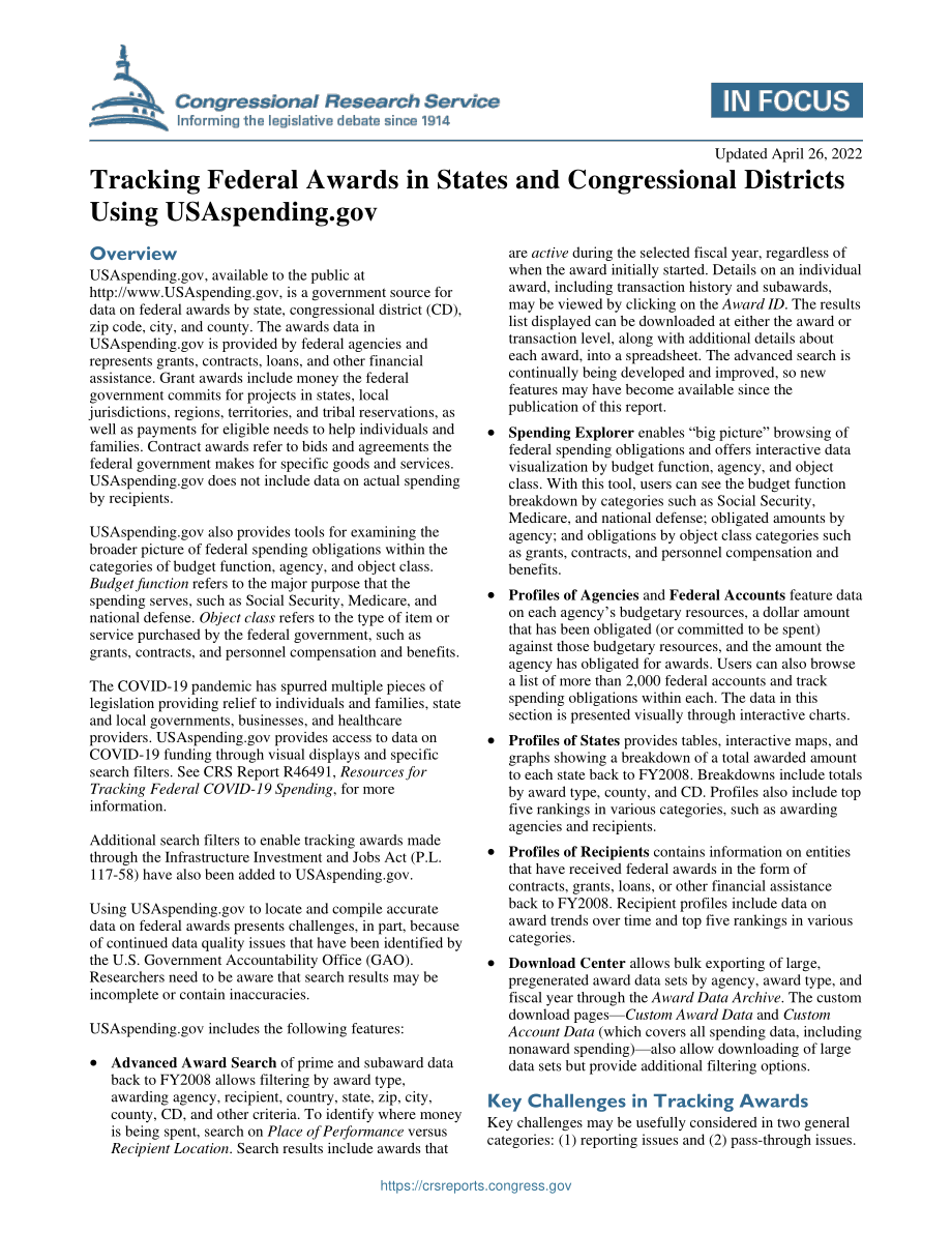 [20220426]IF10231_使用USAPending跟踪各州和国会选区的联邦奖励政府.pdf_第1页