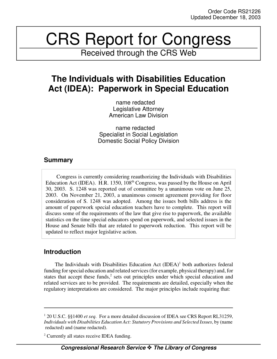 [20031218]RS21226_《残疾人教育法》（IDEA）：特殊教育中的文书工作.pdf_第1页