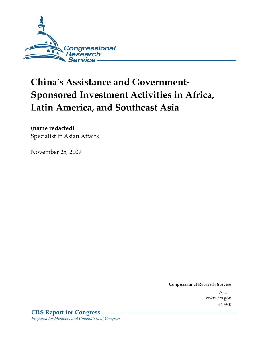 [20091125]R40940_中国在非洲、拉丁美洲和东南亚的援助和政府支持的投资活动.pdf_第1页