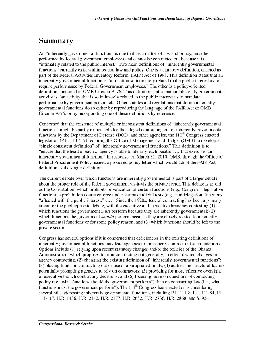 [20100401]R40641_固有的政府职能和国防部运作：背景、问题和国会的选择.pdf_第2页