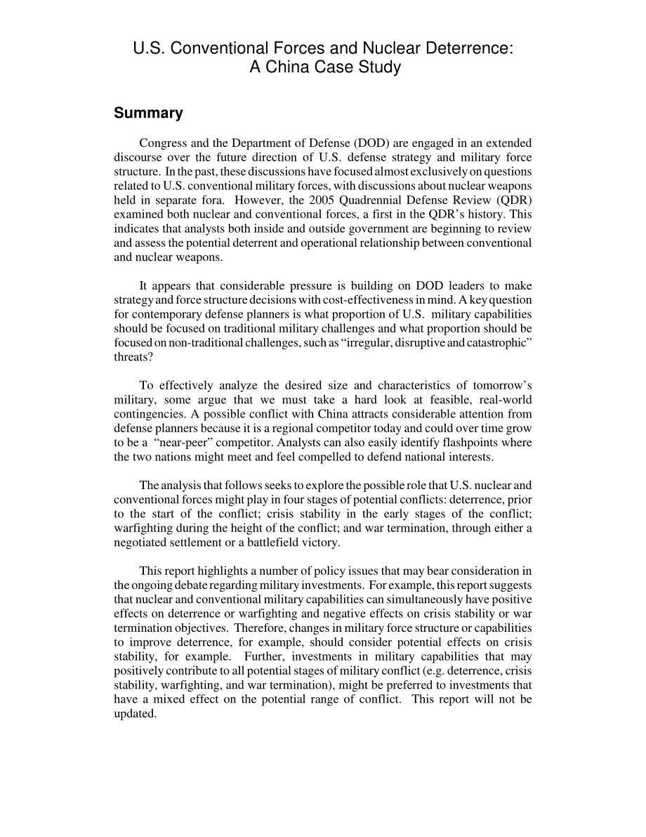 [20060811]RL33607_美国常规力量与核威慑：中国案例研究.pdf_第2页