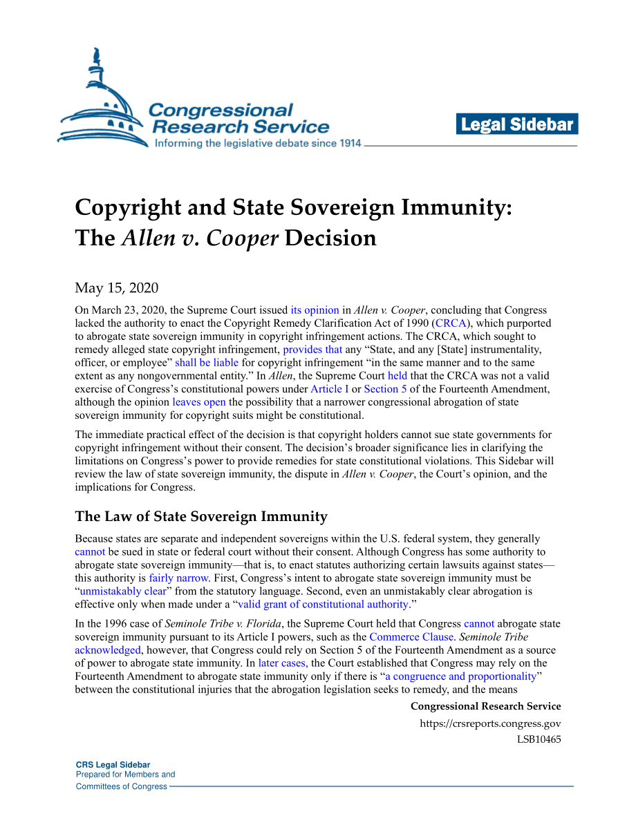 [20200515]LSB10465_版权和国家主权豁免：艾伦诉库珀案判决.pdf_第1页
