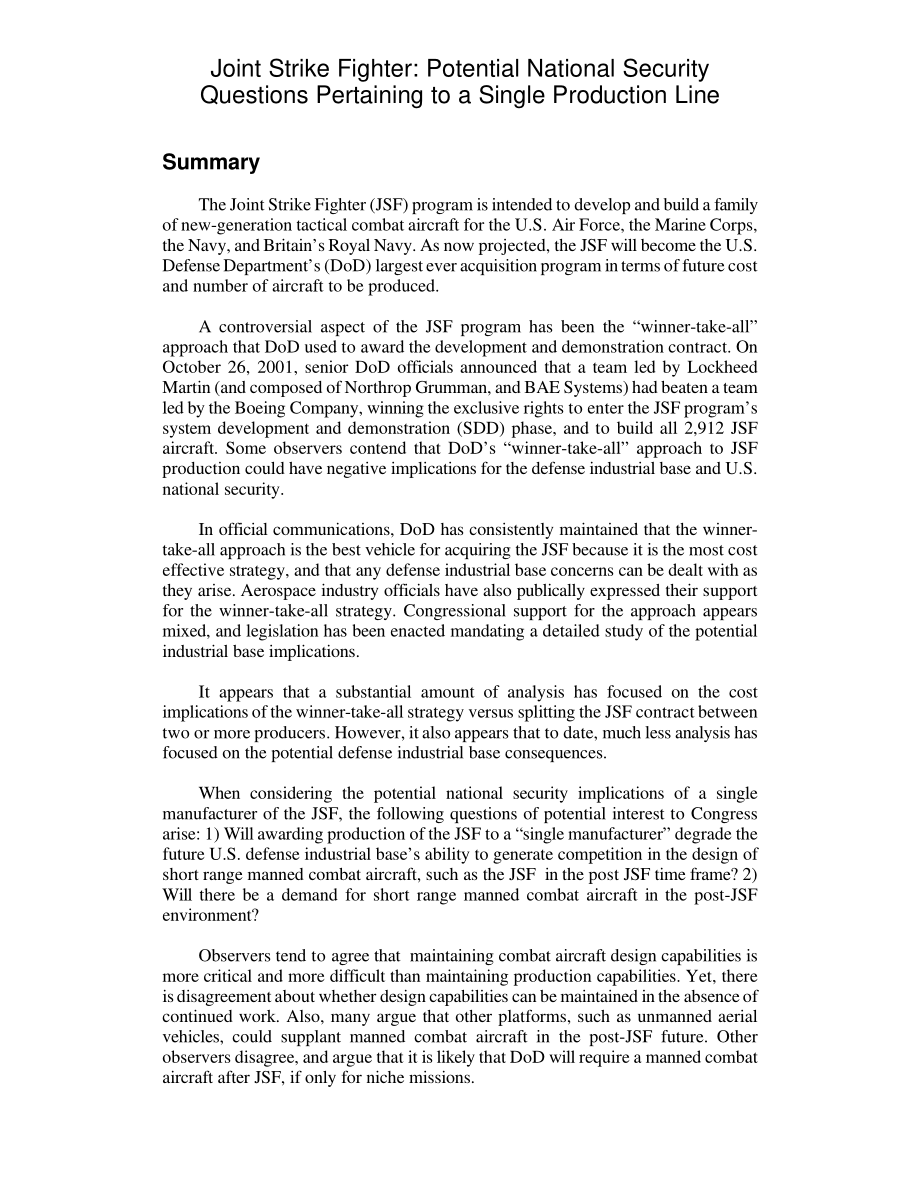 [20020410]RL31360_联合攻击战斗机（JSF）：与单一生产线相关的潜在国家安全问题.pdf_第2页