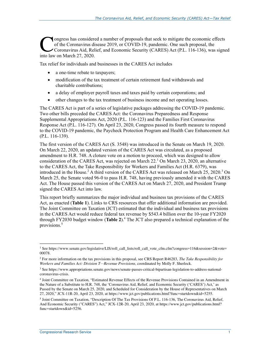 [20200428]R46279_冠状病毒援助、救济和经济安全（CARES）法案对个人和企业的税收减免.pdf_第2页