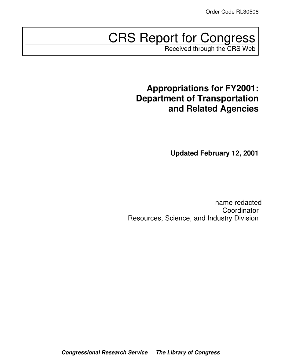 [20010212]RL30508_2001财年拨款：交通运输部及相关机构.pdf_第1页