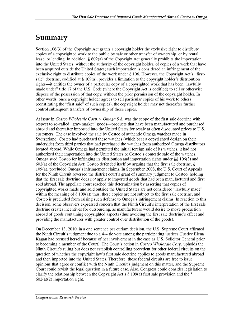 [20110106]R41422_版权法第一销售原则对国外制造的进口商品的适用性：好市多批发公司诉欧米茄S.A.pdf_第2页