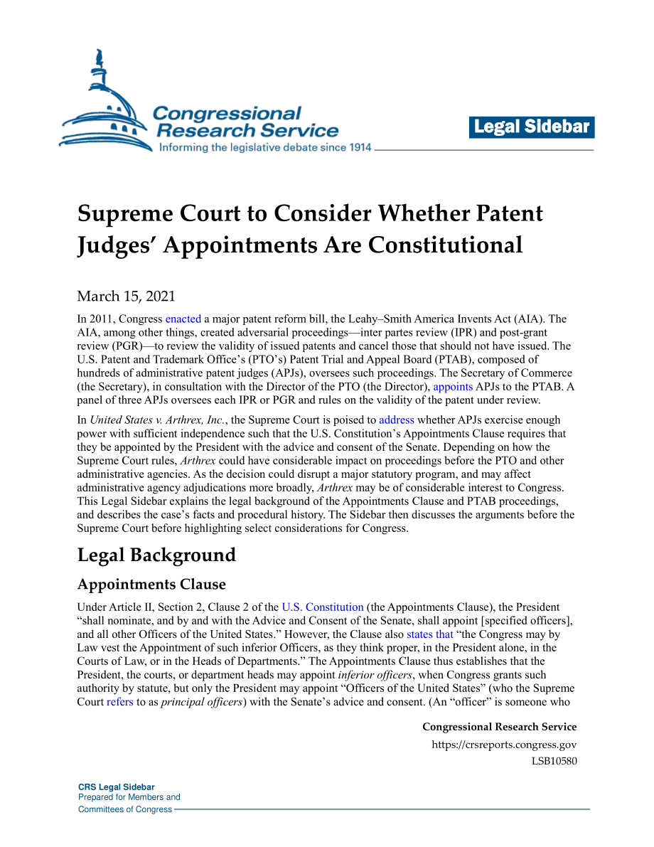 [20210315]LSB10580_最高法院将考虑专利法官的任命是否符合宪法.pdf_第1页
