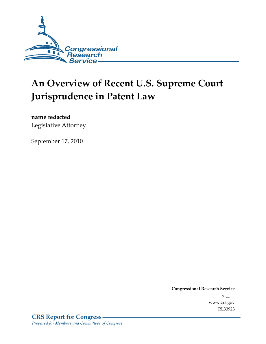 [20100917]RL33923_美国最高法院近期专利法判例综述.pdf_第1页