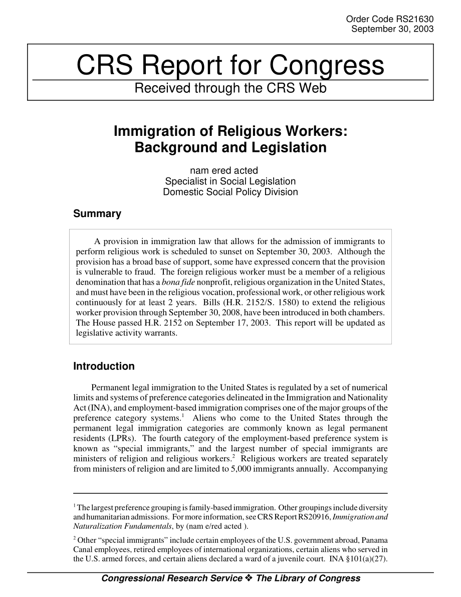 [20030930]RS21630_宗教工作者移民：背景和立法.pdf_第1页