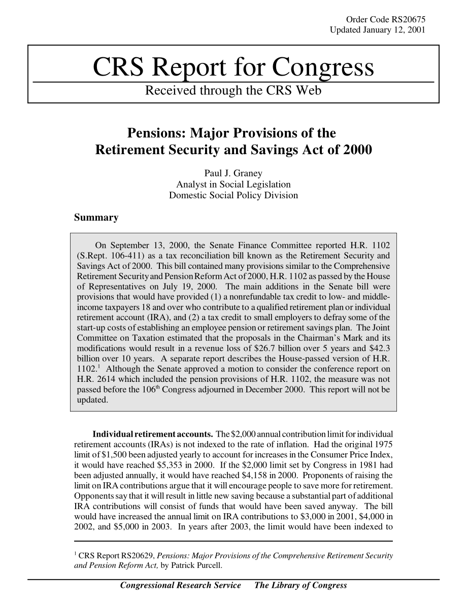 [20010112]RS20675_养老金：2000年《退休保障和储蓄法》的主要规定.pdf_第1页