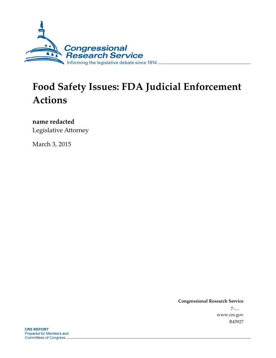 [20150303]R43927_食品安全问题：FDA司法执法行动.pdf_第1页