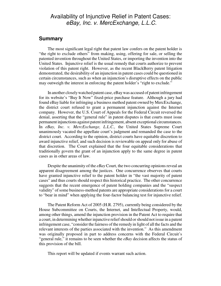 [20060519]RL33429_专利案件中禁令救济的可用性：eBayInc.诉MercExchangeL.L.C.pdf_第2页