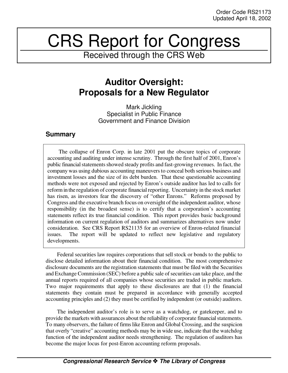 [20020418]RS21173_审计师监督：新监管机构提案.pdf_第1页