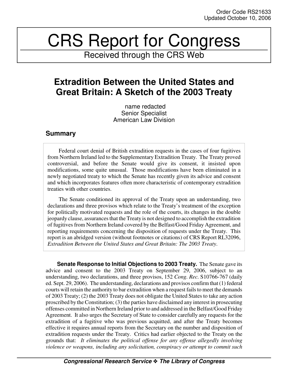 [20061010]RS21633_美国和英国之间的引渡：2003年条约概述.pdf_第1页