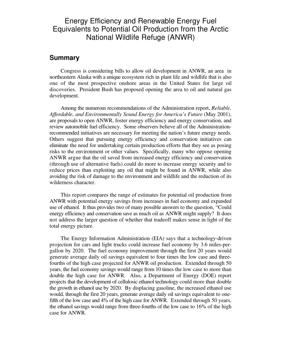 [20010622]RL31033_北极国家野生动物保护区（ANWR）潜在石油产量的能效和可再生能源燃料当量.pdf_第2页