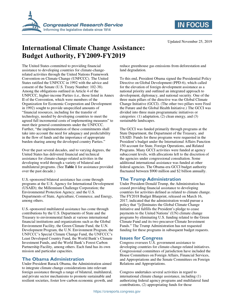 [20191125]IF10397_国际气候变化援助：2009-2019财年预算授权.pdf_第1页