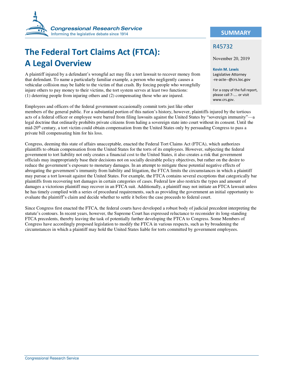 [20191120]R45732_《联邦侵权索赔法》（FTCA）：法律概述.pdf_第2页