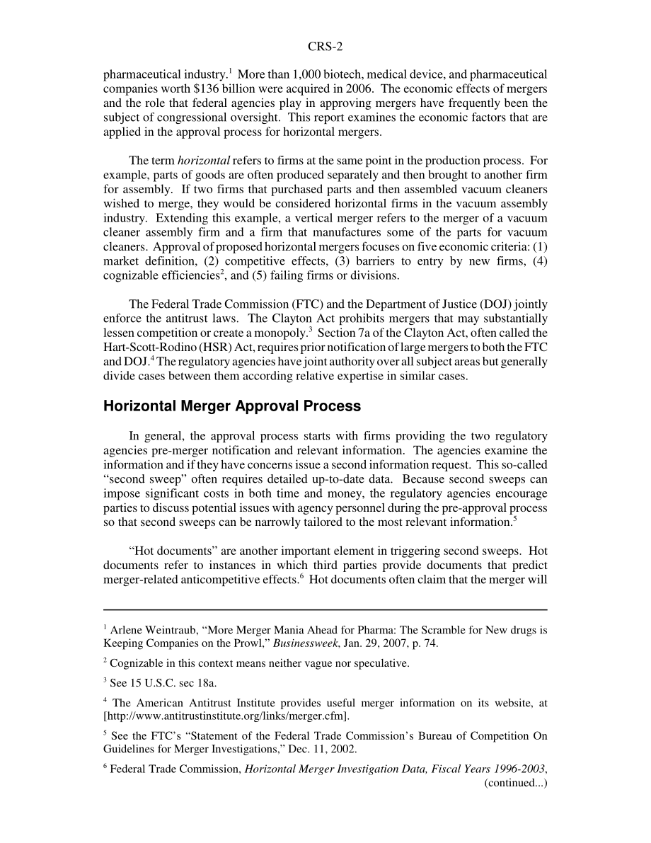 [20070215]RS22606_并购：FTC和DOJ横向合并审批流程中的经济考虑入门.pdf_第2页