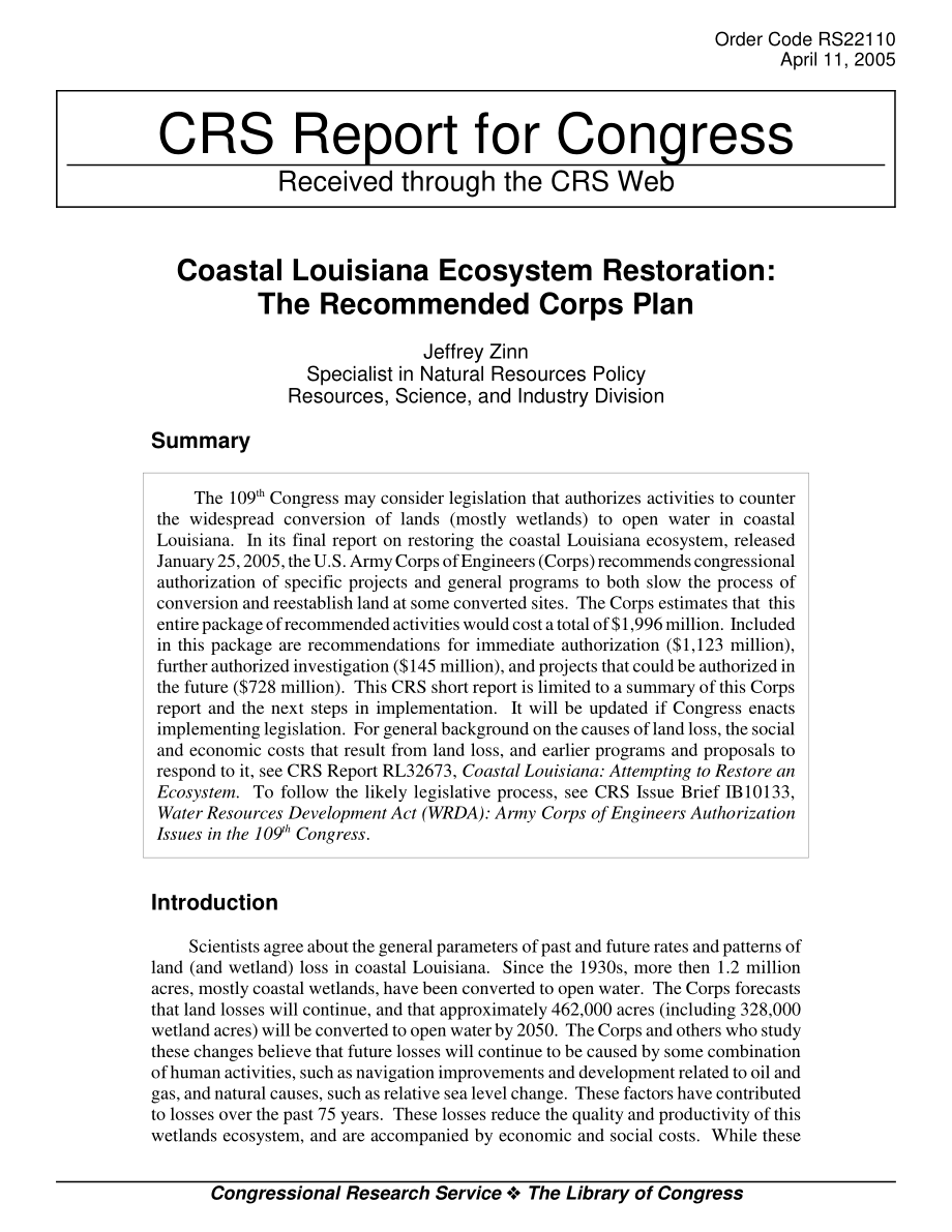 [20050411]RS22110_路易斯安那州海岸生态系统恢复：推荐的兵团计划.pdf_第1页