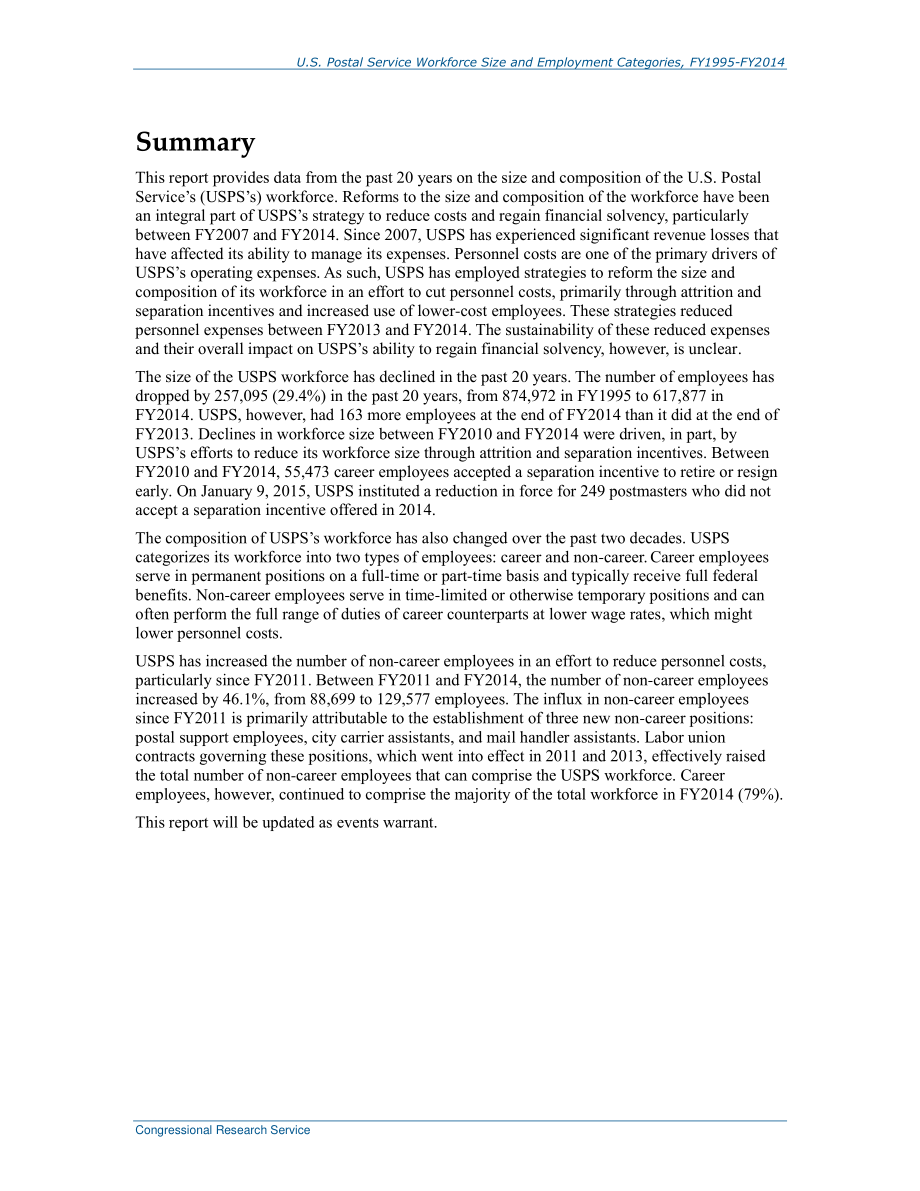 [20151021]RS22864_1995-2014财年美国邮政服务劳动力规模和就业类别.pdf_第2页