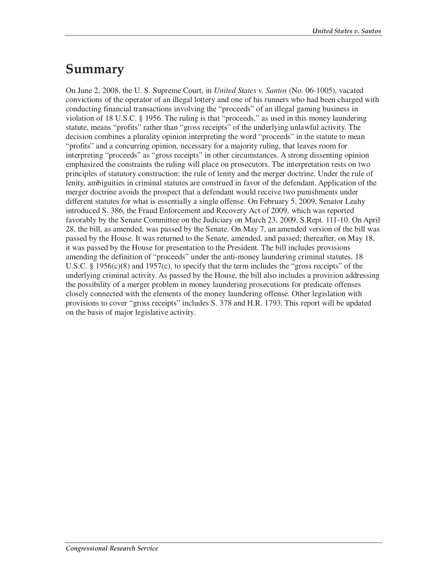 [20090519]RS22896_美国诉Santos案：《美国联邦刑事洗钱法》第18卷第1956节中的“收益”是指“利润”而不是“总收入”.pdf_第2页