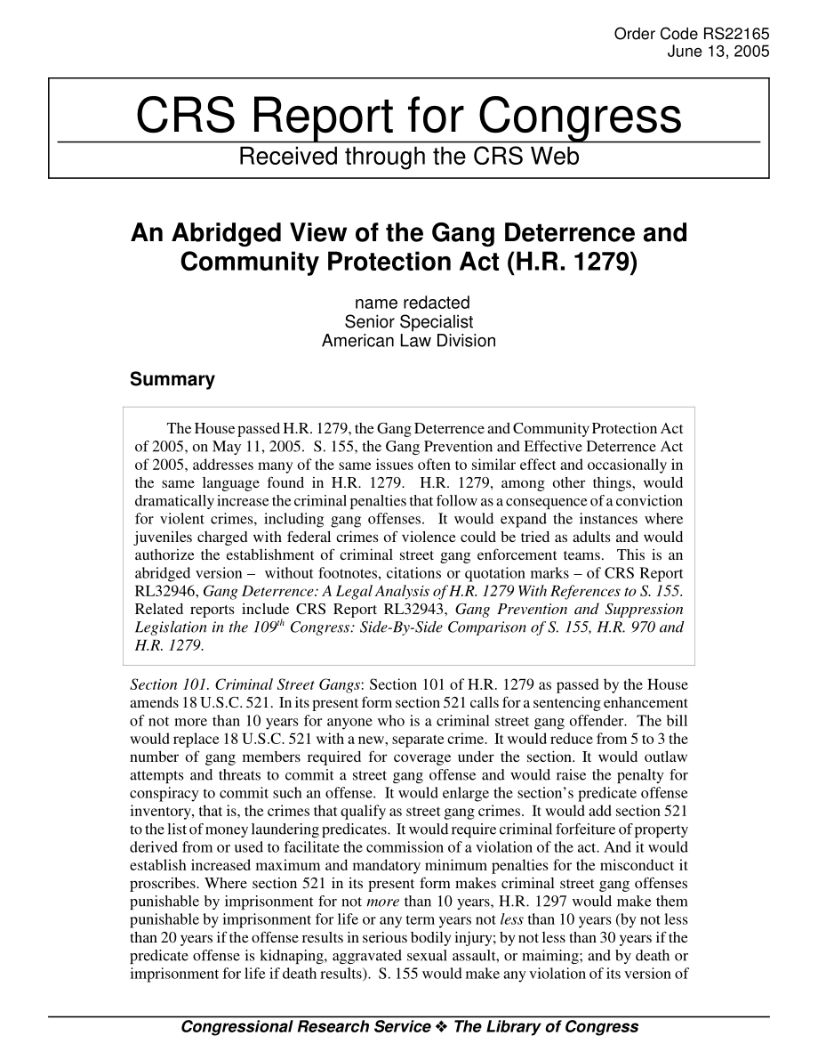 [20050613]RS22165_《帮派威慑和社区保护法》（H.R.1279).pdf_第1页
