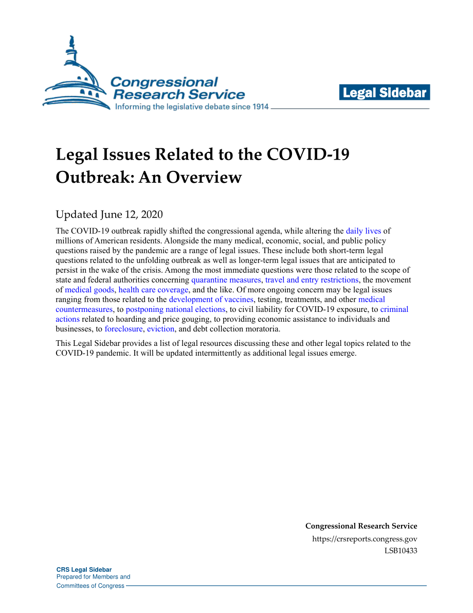 [20200612]LSB10433_与2019冠状病毒疾病疫情有关的法律问题：概述.pdf_第1页