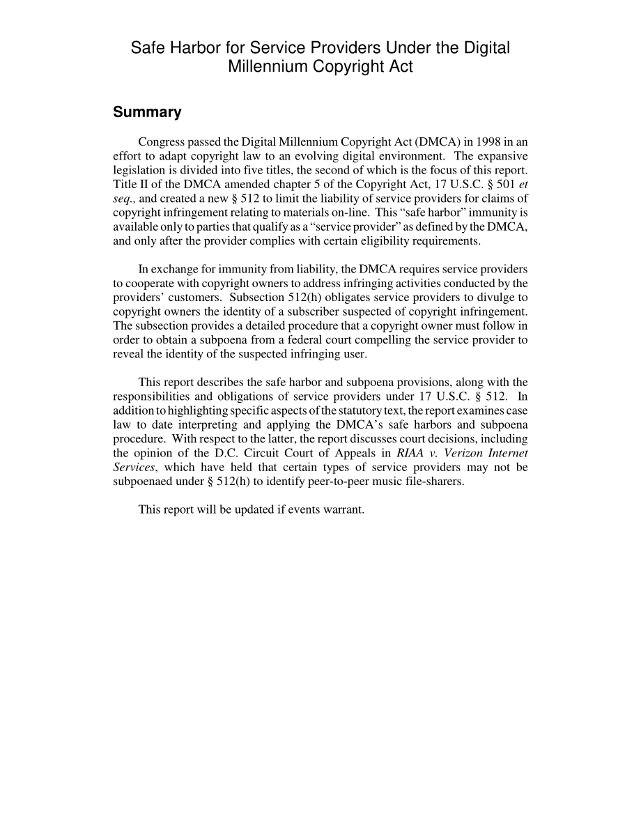 [20051104]RL32037_数字千年版权法案下服务提供商的安全港.pdf_第2页
