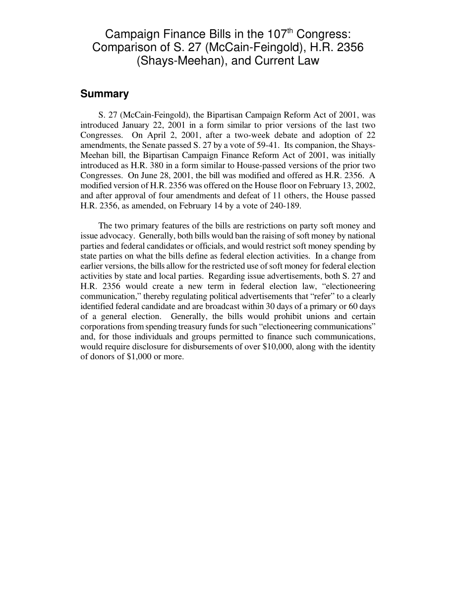 [20020220]RL31290_第107届国会通过的竞选融资法案：比较S.27（麦凯恩·芬戈尔德）H.R.2356（Shays Meehan）和现行法律.pdf_第2页