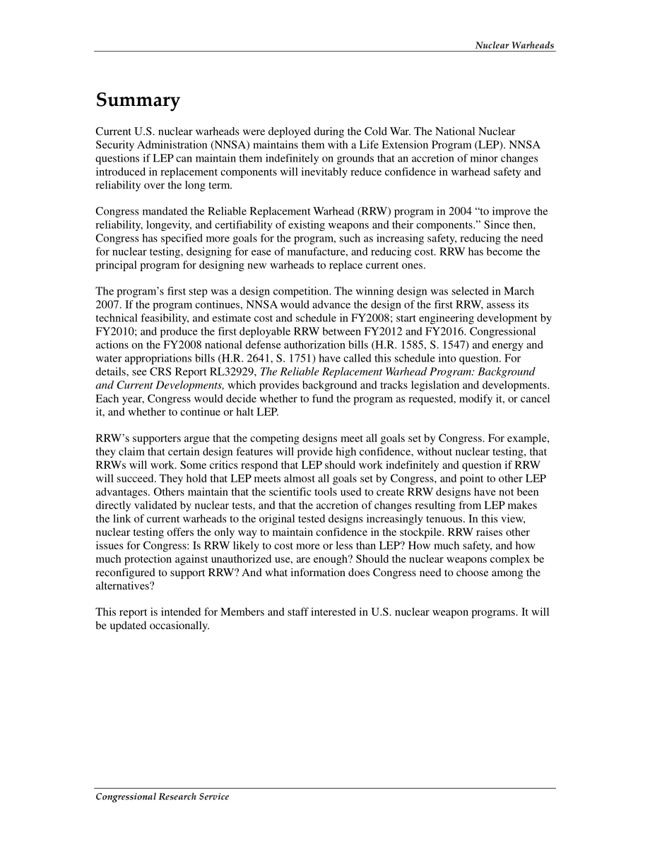 [20071203]RL33748_核弹头：可靠替换弹头计划和寿命延长计划.pdf_第2页