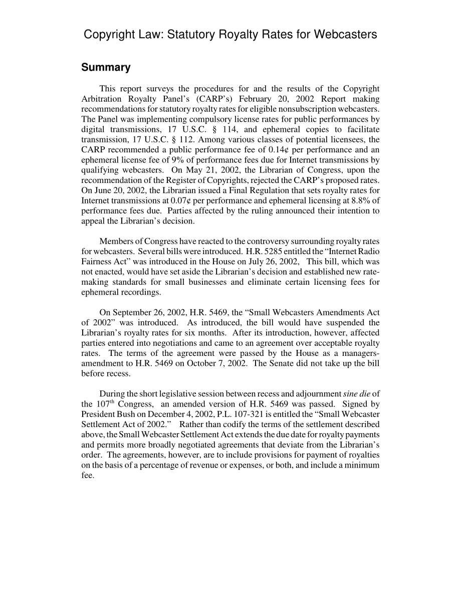 [20031118]RL31626_版权法：网络广播的法定版税费率.pdf_第2页