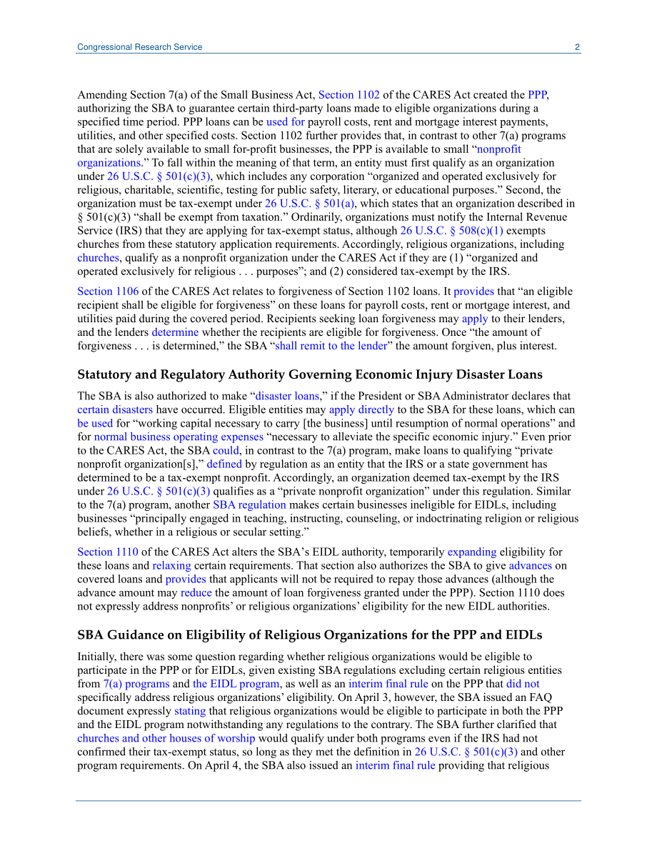 [20200409]LSB10445_宗教组织有资格参加《关怀法案》的工资支票保护计划.pdf_第2页