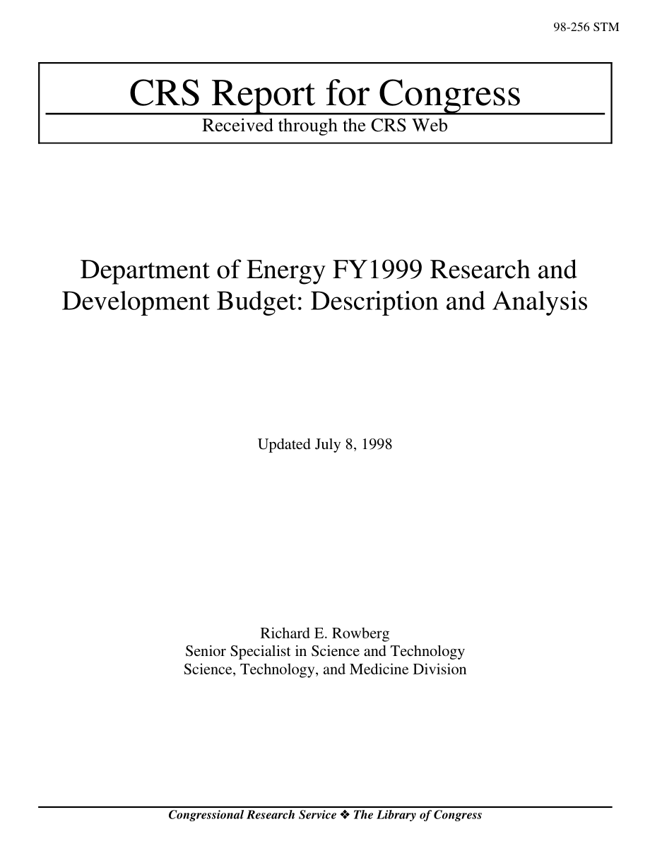 [19980708]98-256STM_能源部1999财年研发预算：描述和分析.pdf_第1页