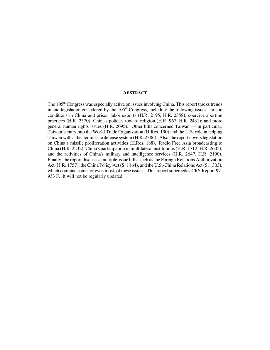 [19991021]RL30350_China and the 105th Congress Policy Issues and Legislation, 1997-1998.pdf_第2页