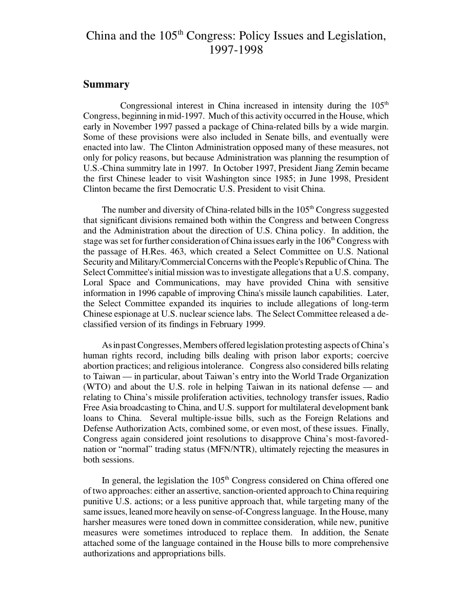 [19991021]RL30350_China and the 105th Congress Policy Issues and Legislation, 1997-1998.pdf_第3页