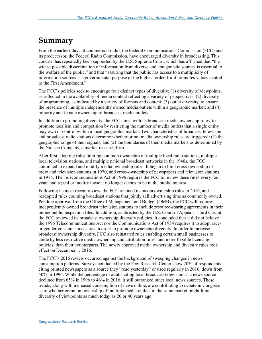 [20161216]R43936_FCC关于媒体所有权、归属和所有权多样性的规则和政策.pdf_第2页