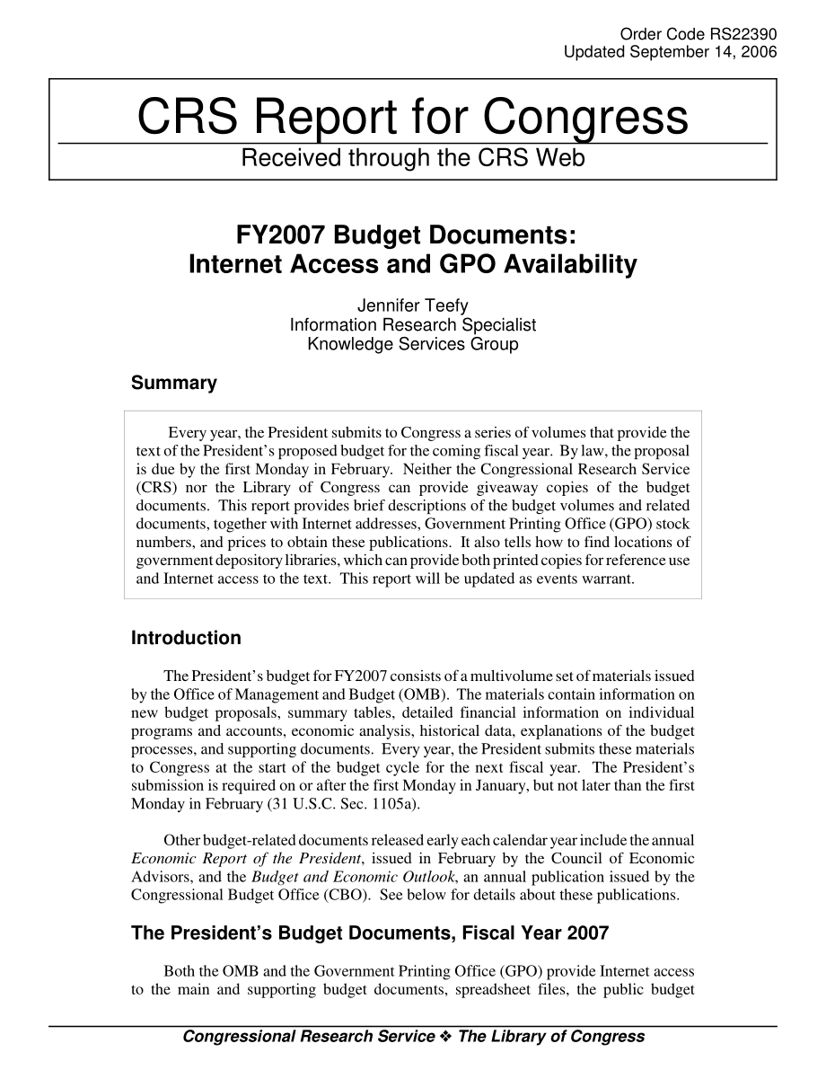 [20060914]RS22390_2007财年预算文件：互联网接入和GPO可用性.pdf_第1页