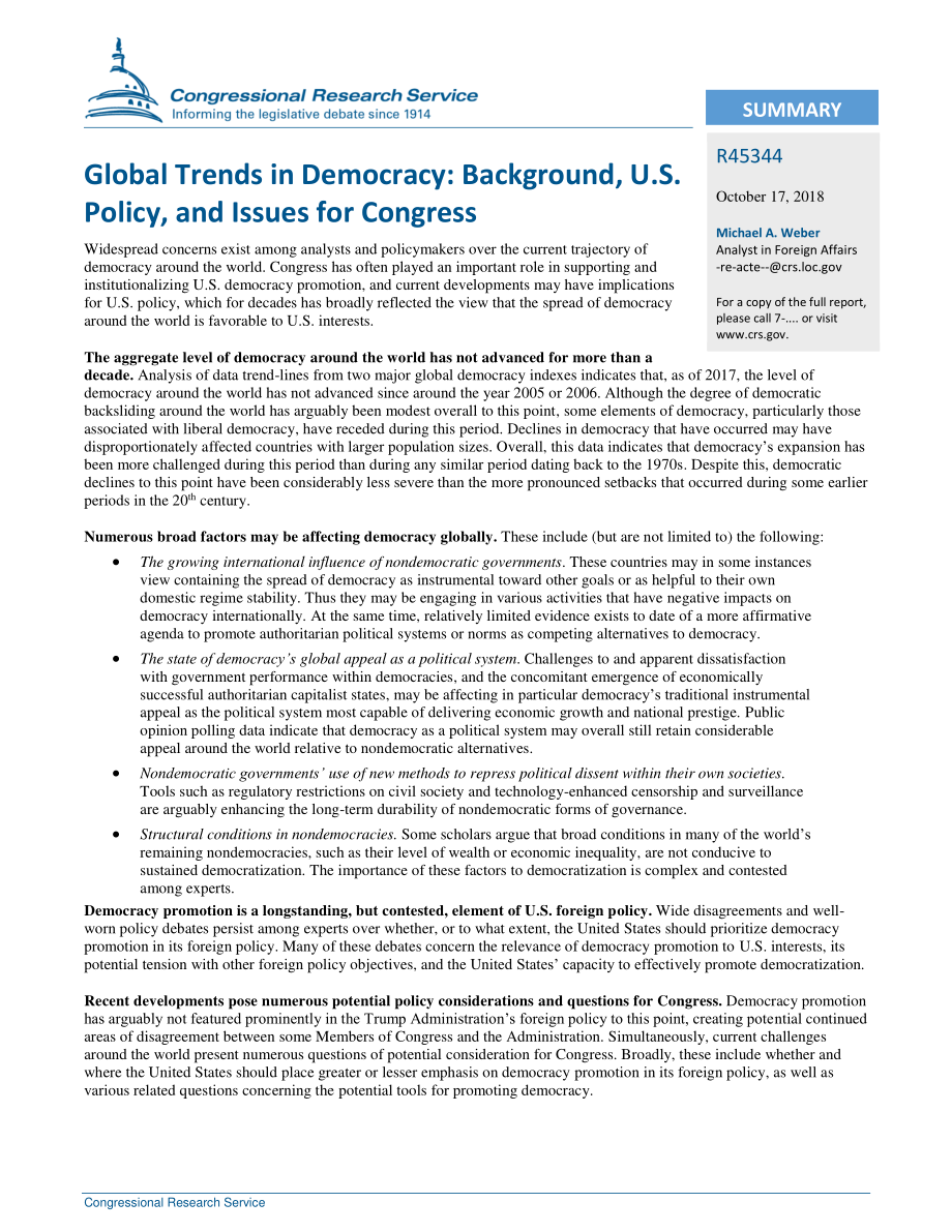 [20181017]R45344_全球民主趋势：背景、美国政策和国会议题.pdf_第2页