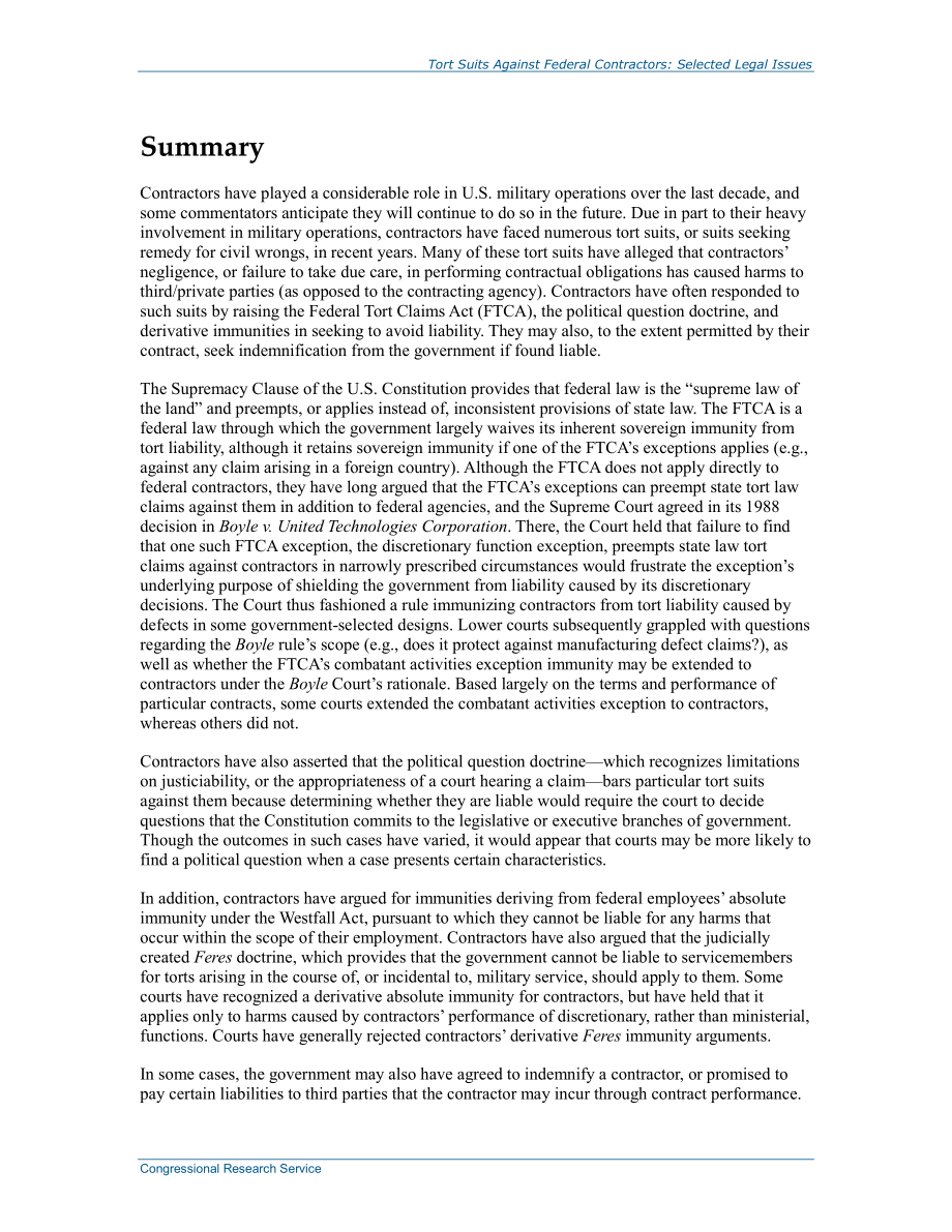 [20140331]R43462_针对联邦承包商的侵权诉讼：选定的法律问题.pdf_第2页