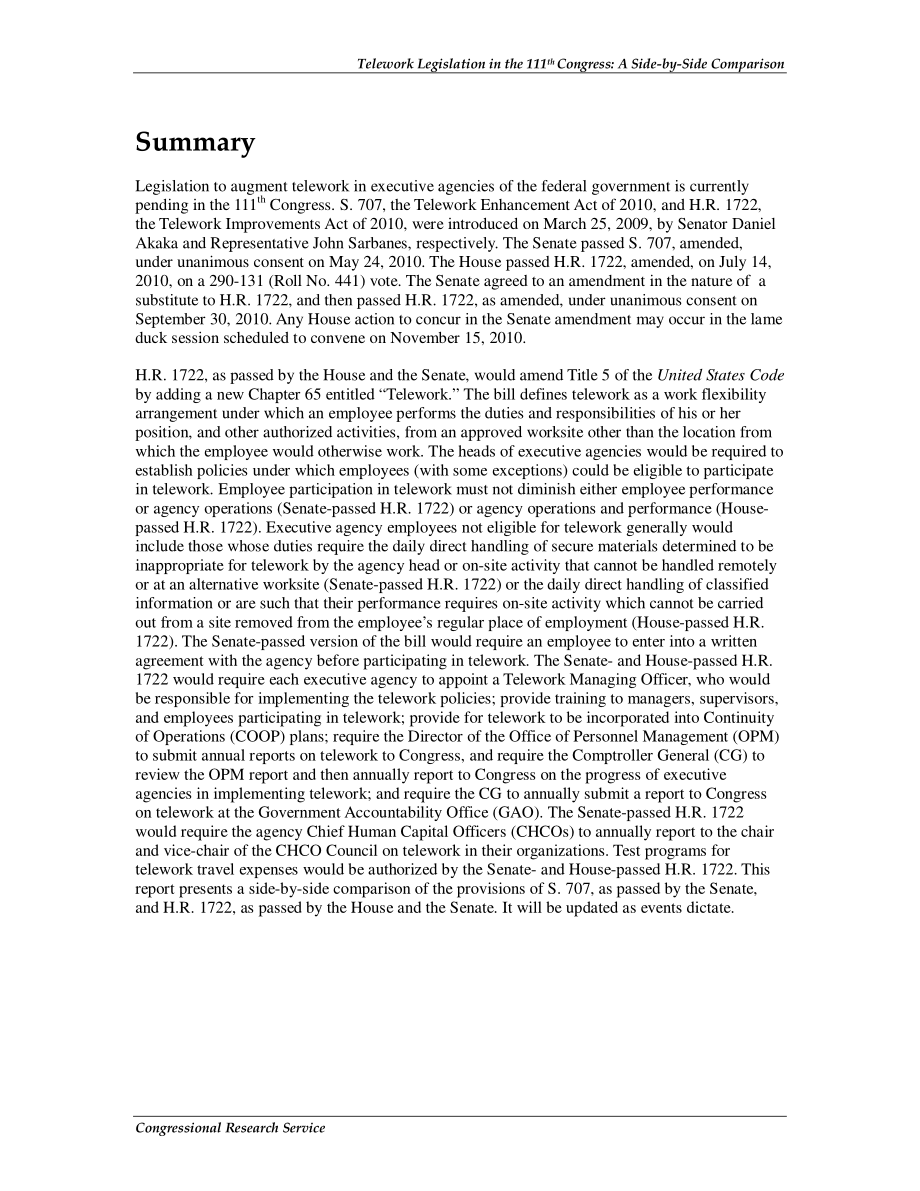 [20101005]RL34516_执行机构员工的远程工作：第111届国会待决立法的并列比较.pdf_第2页